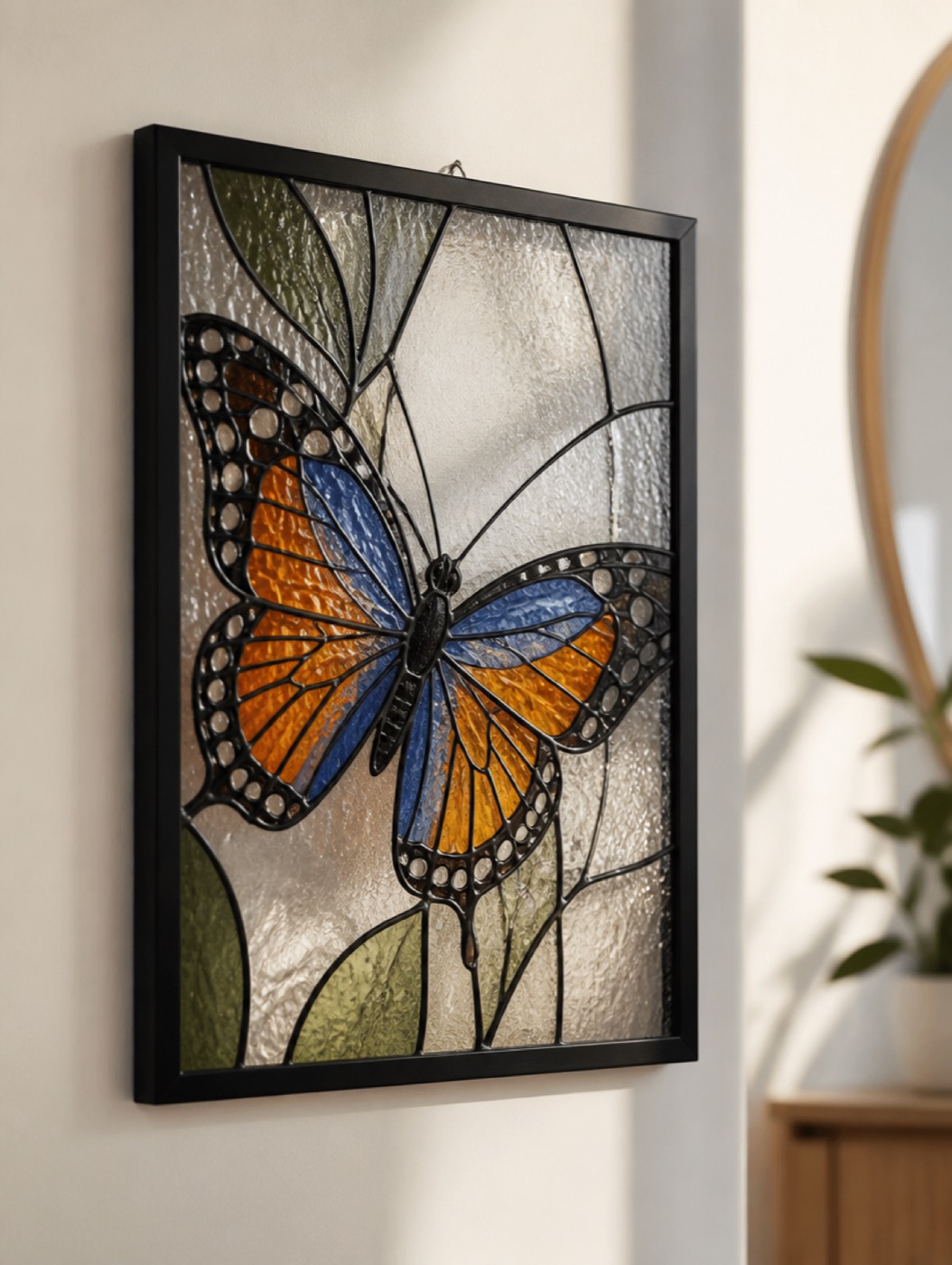 Framed painted butterfly panel catching the light