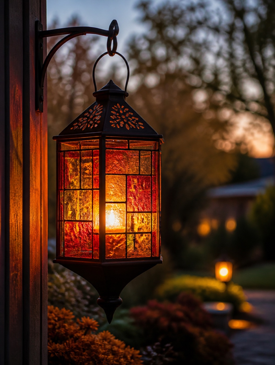 Painted glass lantern glowing on a table at dusk